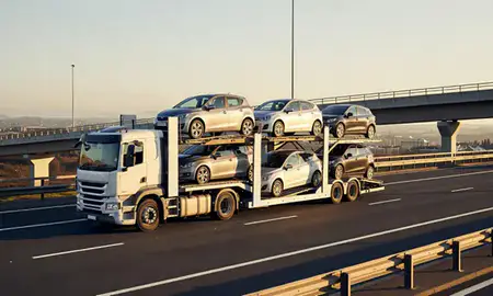 Car transporter with the Hamilton, South Lanarkshire, United Kingdom skyline behind it