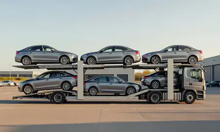 Car transporter parked in an industrial area of South Yorkshire, United Kingdom