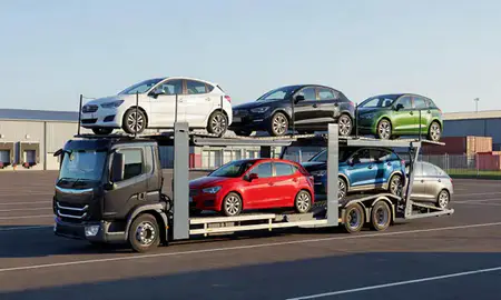 Car transporter loaded with vehicles in South Yorkshire, United Kingdom