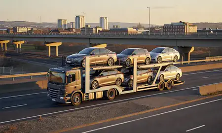 Car transporter with the South Yorkshire, United Kingdom skyline behind it