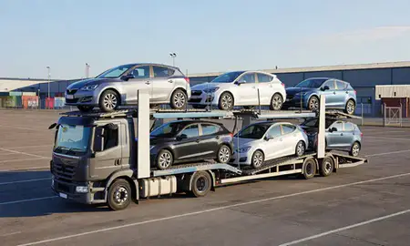 Car transporter loaded with vehicles in Barnsley, South Yorkshire, United Kingdom