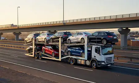 Car transporter with the Barnsley, South Yorkshire, United Kingdom skyline behind it
