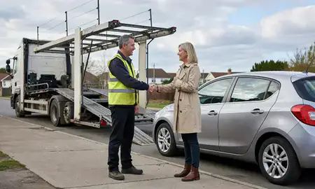 Vehicle owner beside their delivered car in Doncaster, South Yorkshire, United Kingdom