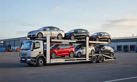 Car transporter loaded with vehicles in Doncaster, South Yorkshire, United Kingdom