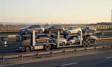 Car transporter with the Doncaster, South Yorkshire, United Kingdom skyline behind it
