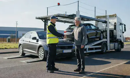 Vehicle owner beside their delivered car in Rotherham, South Yorkshire, United Kingdom