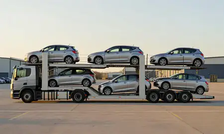 Car transporter parked in an industrial area of Rotherham, South Yorkshire, United Kingdom
