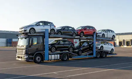 Car transporter loaded with vehicles in Rotherham, South Yorkshire, United Kingdom