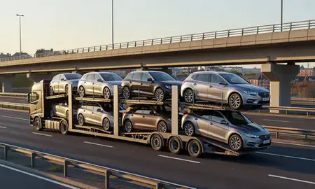 Car transporter with the Rotherham, South Yorkshire, United Kingdom skyline behind it