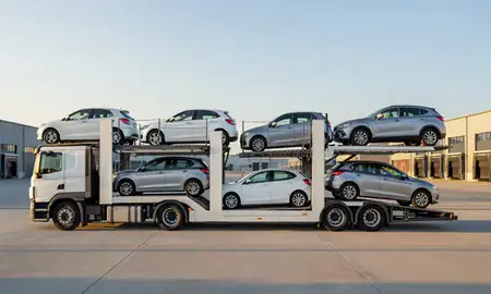 Car transporter parked in an industrial area of Sheffield, South Yorkshire, United Kingdom