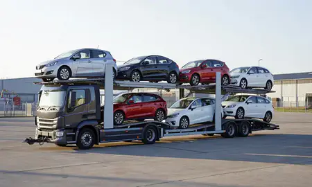Car transporter loaded with vehicles in Sheffield, South Yorkshire, United Kingdom