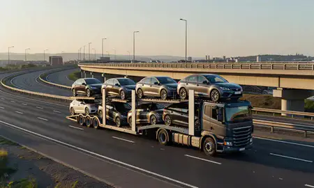 Car transporter with the Sheffield, South Yorkshire, United Kingdom skyline behind it
