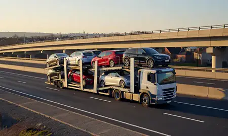 Car transporter with the Wath-upon-Dearne, South Yorkshire, United Kingdom skyline behind it