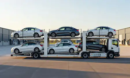 Car transporter parked in an industrial area of Staffordshire, United Kingdom