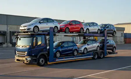 Car transporter loaded with vehicles in Staffordshire, United Kingdom