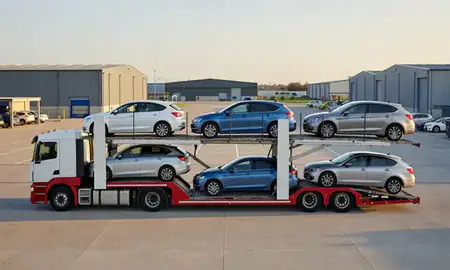 Car transporter parked in an industrial area of Burton upon Trent, Staffordshire, United Kingdom