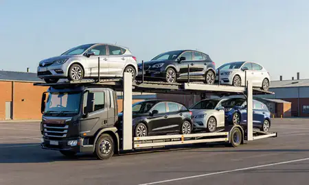 Car transporter loaded with vehicles in Burton upon Trent, Staffordshire, United Kingdom