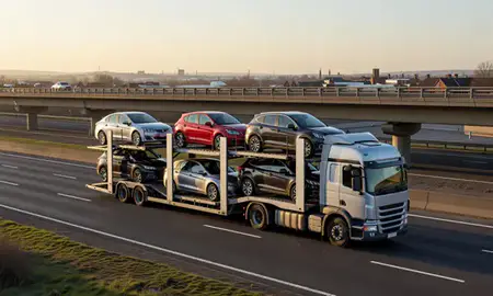 Car transporter with the Burton upon Trent, Staffordshire, United Kingdom skyline behind it