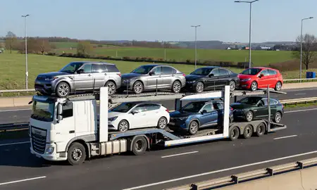 Multi-level car carrier on the motorway to Cannock, Staffordshire, United Kingdom