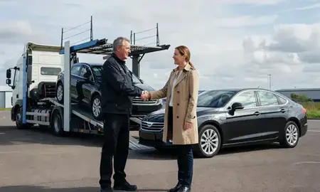 Vehicle owner beside their delivered car in Cannock, Staffordshire, United Kingdom
