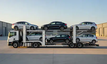 Car transporter parked in an industrial area of Cannock, Staffordshire, United Kingdom