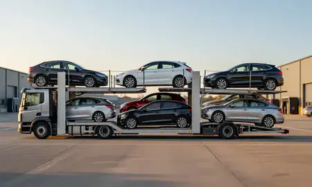 Car transporter parked in an industrial area of Newcastle-under-Lyme, Staffordshire, United Kingdom
