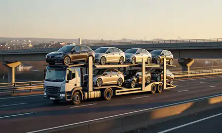 Car transporter with the Newcastle-under-Lyme, Staffordshire, United Kingdom skyline behind it