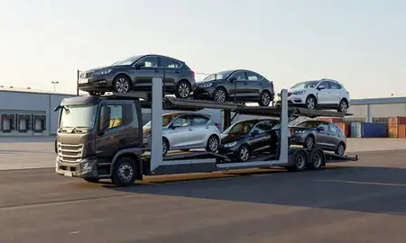 Car transporter loaded with vehicles in Stafford, Staffordshire, United Kingdom