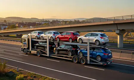 Car transporter with the Stafford, Staffordshire, United Kingdom skyline behind it