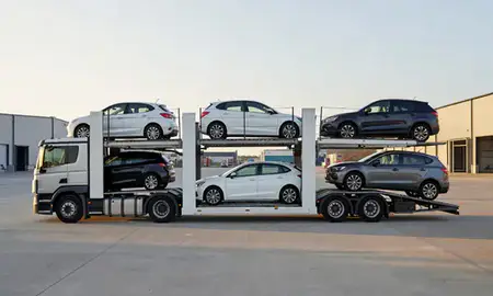 Car transporter parked in an industrial area of Stoke-on-Trent, Staffordshire, United Kingdom