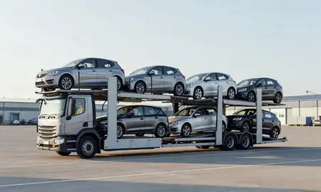 Car transporter loaded with vehicles in Stoke-on-Trent, Staffordshire, United Kingdom