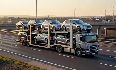 Car transporter with the Stoke-on-Trent, Staffordshire, United Kingdom skyline behind it