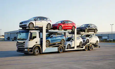 Car transporter loaded with vehicles in Tamworth, Staffordshire, United Kingdom