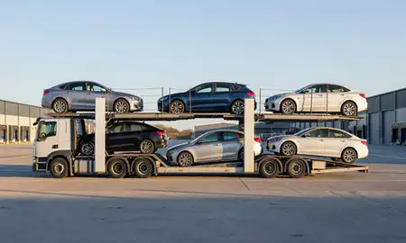 Car transporter parked in an industrial area of Suffolk, United Kingdom