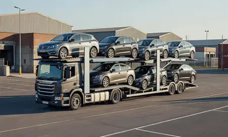 Car transporter loaded with vehicles in Suffolk, United Kingdom