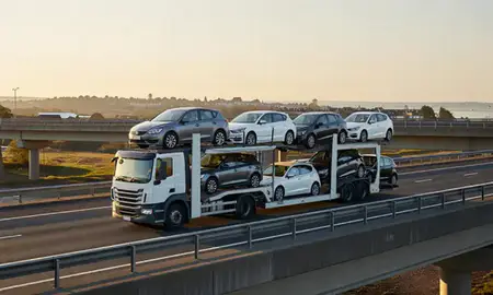 Car transporter with the Suffolk, United Kingdom skyline behind it