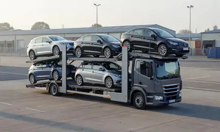 Car transporter loaded with vehicles in Bury St Edmunds, Suffolk, United Kingdom
