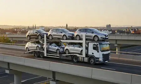 Car transporter with the Bury St Edmunds, Suffolk, United Kingdom skyline behind it