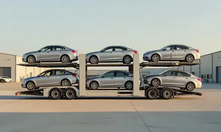 Car transporter parked in an industrial area of Ipswich, Suffolk, United Kingdom