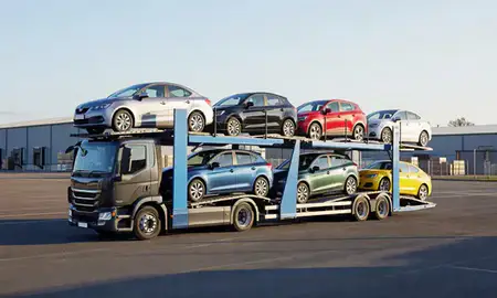 Car transporter loaded with vehicles in Ipswich, Suffolk, United Kingdom
