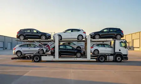 Car transporter parked in an industrial area of Lowestoft, Suffolk, United Kingdom