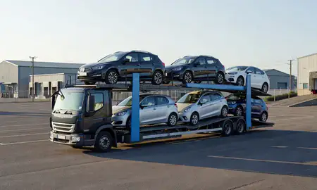 Car transporter loaded with vehicles in Lowestoft, Suffolk, United Kingdom