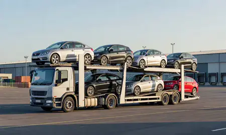 Car transporter loaded with vehicles in Surrey, United Kingdom