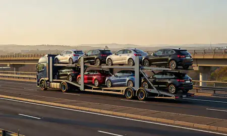 Car transporter with the Surrey, United Kingdom skyline behind it