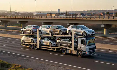 Car transporter with the Camberley, Surrey, United Kingdom skyline behind it