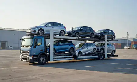 Car transporter loaded with vehicles in Esher, Surrey, United Kingdom