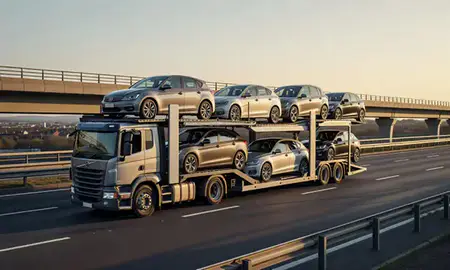 Car transporter with the Esher, Surrey, United Kingdom skyline behind it