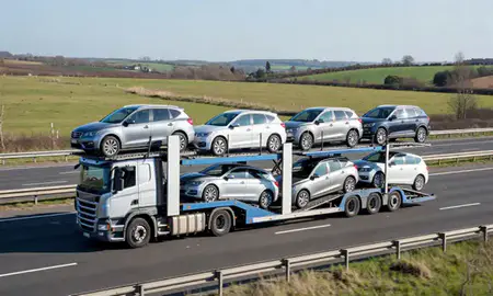 Multi-level car carrier on the motorway to Guildford, Surrey, United Kingdom