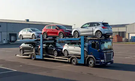 Car transporter loaded with vehicles in Guildford, Surrey, United Kingdom