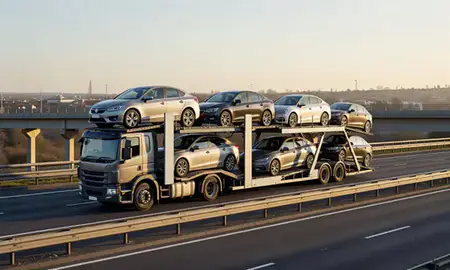 Car transporter with the Guildford, Surrey, United Kingdom skyline behind it